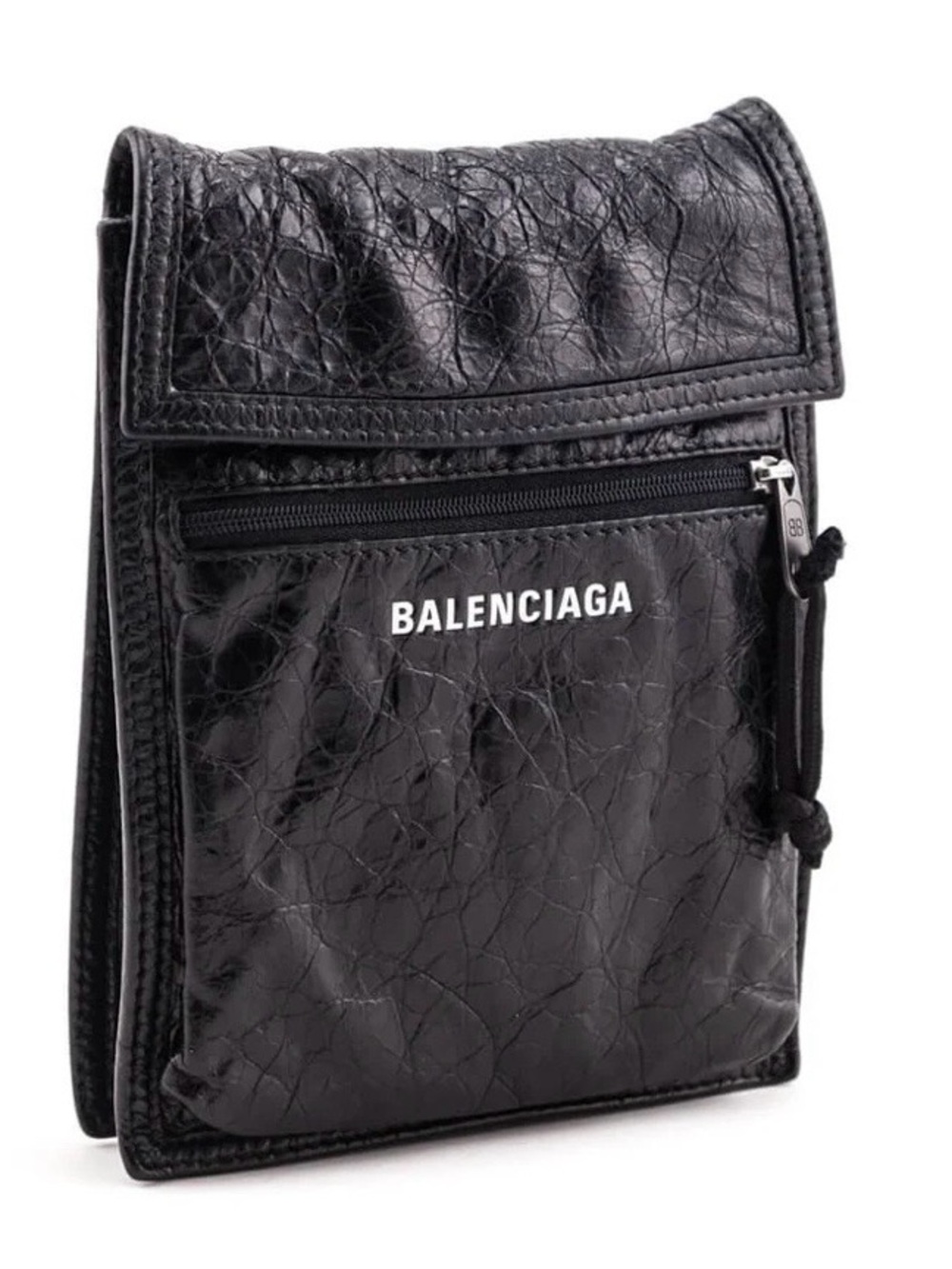 Balenciaga Black Crinkled Leather explorer Bag with Front Zip. In box.